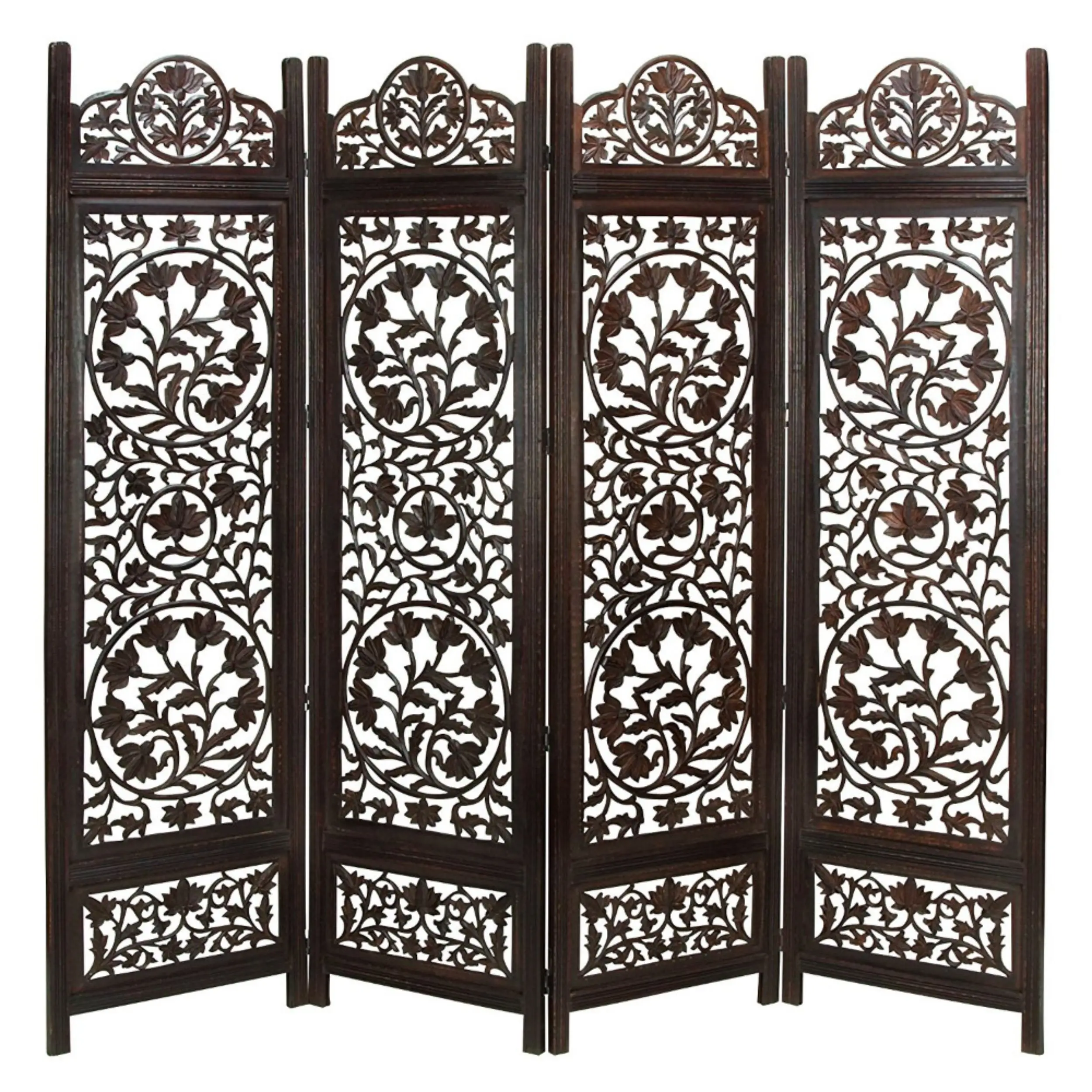 

Handcrafted Wooden 4 Panel Room Divider Screen Featuring Lotus Pattern Reversible