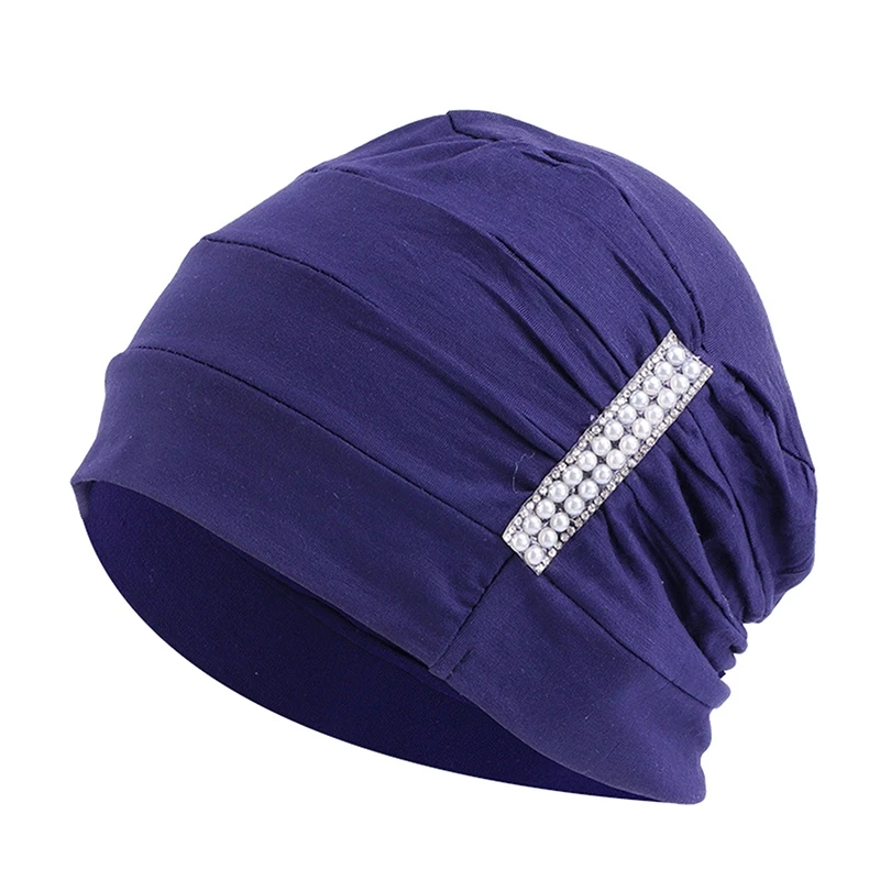 Pearled Cotton Turban Ladies Night Sleep Hat Full Cover Inner Hijab Caps Muslim Stretch Beanie Cancer Hair Chemo Cap Turbante