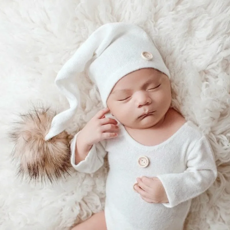 Newborn photography suit knitted triangle khat photography suit fur ball decoration set disfraces bebe niña  아기 코스프레