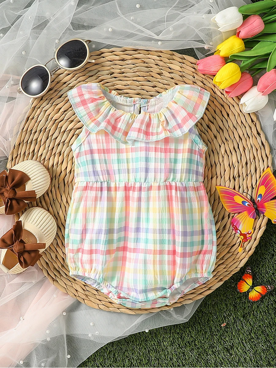 New Style Baby Girl Summer Clothes Sleeveless Plaid Triangle Jumpsuit Daily Or Casual