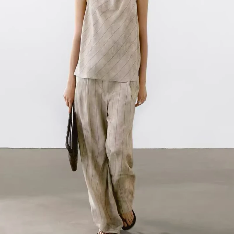 YENKYE Women Commuter Style Striped Leg Wide Pants Vintage High Waist Office Casual Trousers Spring Summer 2025 pantalones