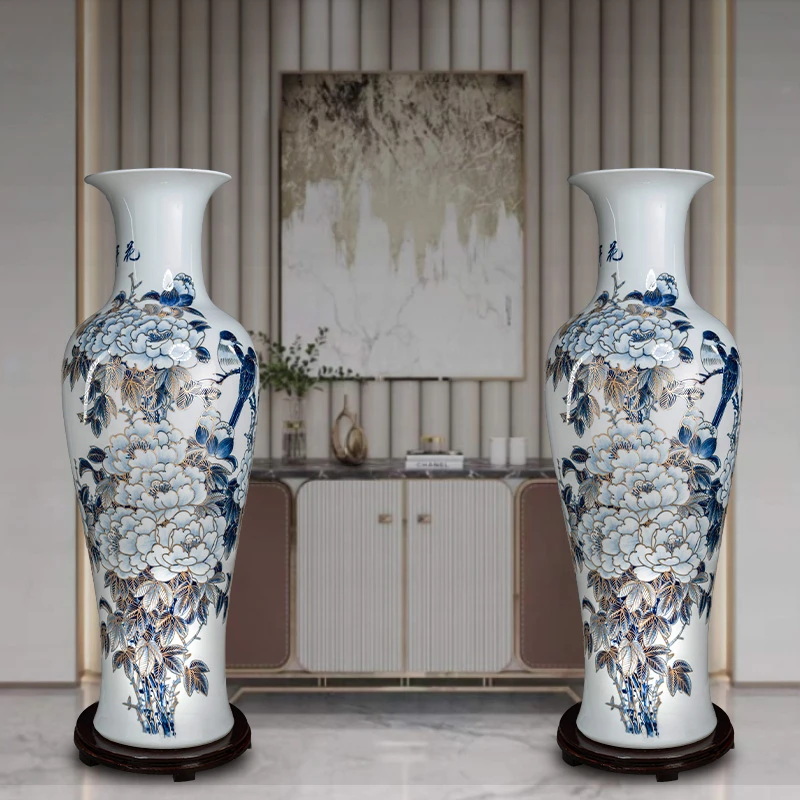 Jingdezhen Ceramic Floor Vase Hand Painted Blue and White Gold-Painted Porcelain Bottle Living Room Entrance