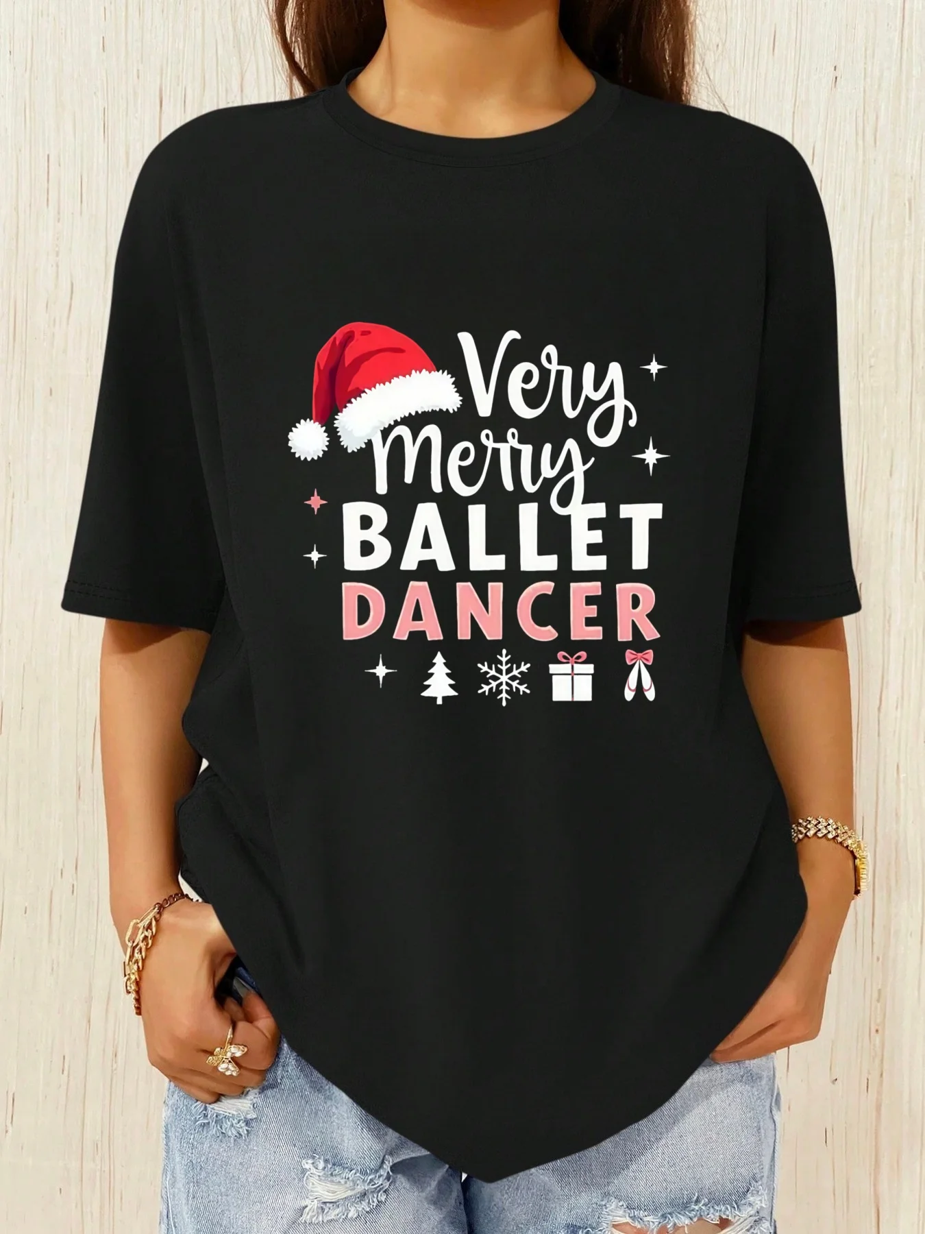 クリスマス ベリー メリー バレエ ダンサー プリント、ファッショナブルな女性用多用途ピュアコットン T シャツ