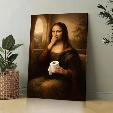 Funny Mosa Lisa Holding Toilet Paper Canvas Print Humorous Art Parody Poster for Bathroom Wall Art Home Decoration