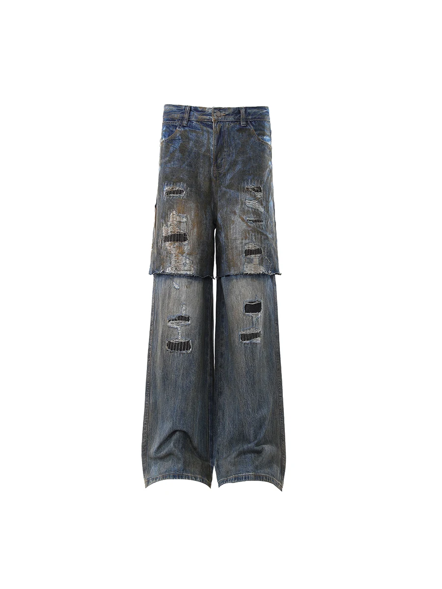 

Heavy Du American Street Sle Denim Jeans Tear Hole Layering Wide Leg Floor Length Pants Casual ex Jeans
