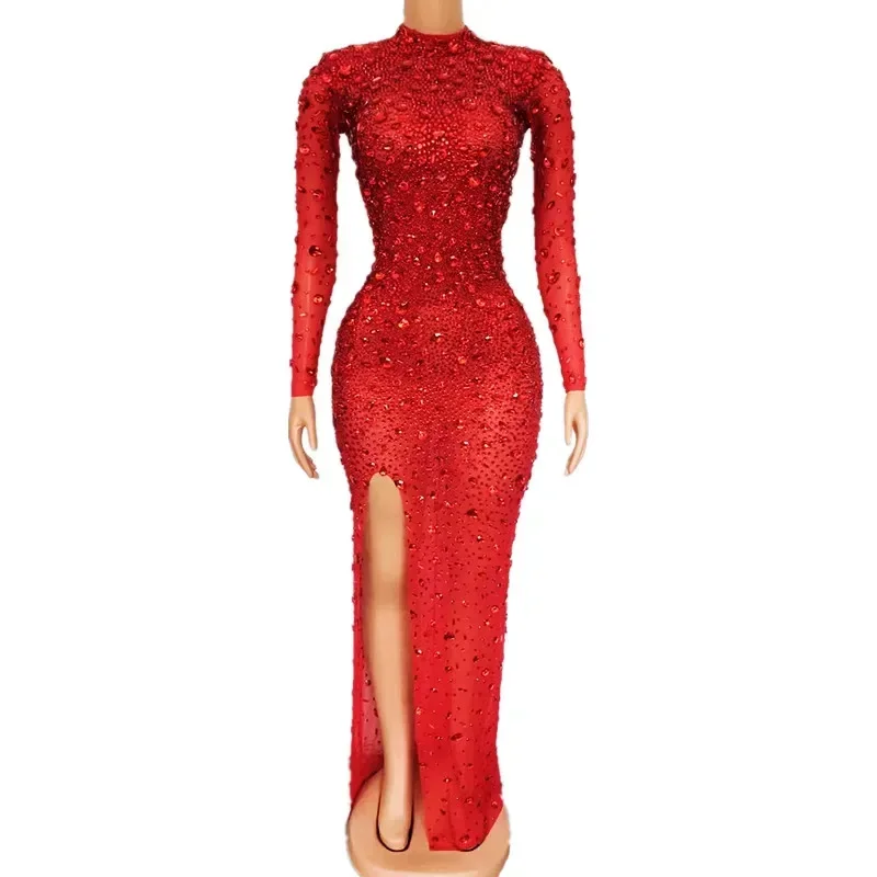 Luxurious Red Rhinestones Long Dress Sexy Transparent Slit Wedding Prom Evening Stage Gowns Singer Host Catwalk Crystals Costume