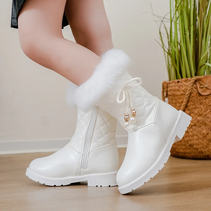 

2025 Autumn Winter Warm Girls Snow Boots with Bow Kids Booties Fur Plush New Fashion Children Princess Mid-calf Boots Waterproof