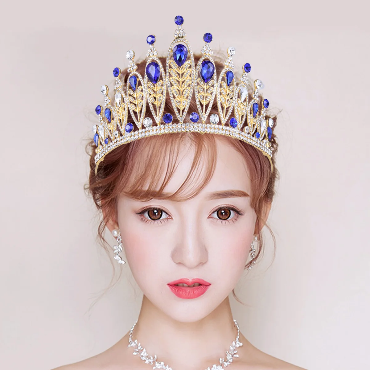 

Luxury Large Bridal Crown Rhinestone Alloy Tiara Baroque Sapphire Blue 18K Wedding Party Pageant Women Hair Accessories