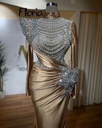 Gold Diamond Crystals Sparkly Prom Dresses Muslim Long Sleeve Pleated Wedding Evening Night Gowns Bridesmaid Dresses فساتين شابا