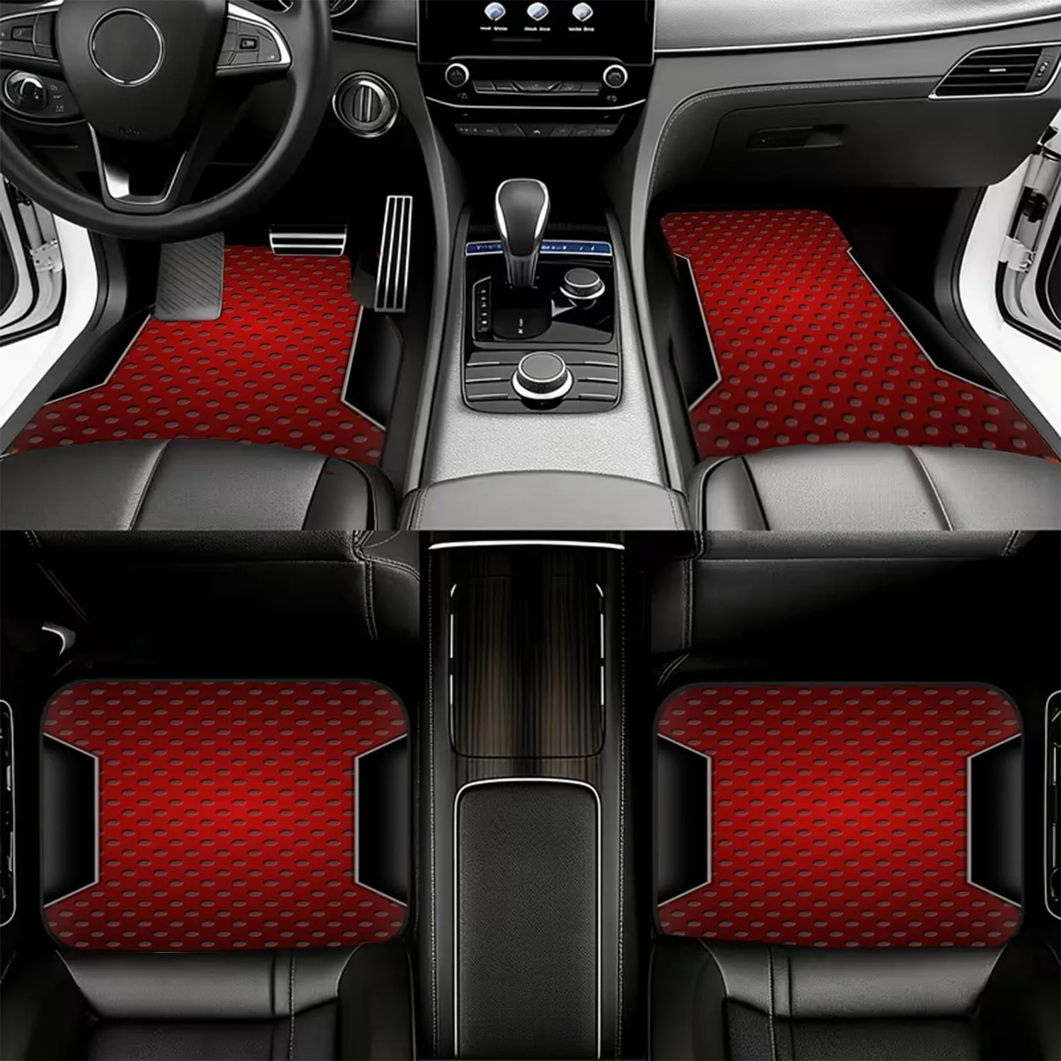 4pcs Car Floor Mats, Red Perforated & Black Metallic Design, Material, Sleek Industrial Style, Fit Most Cars, Enhance Interior A