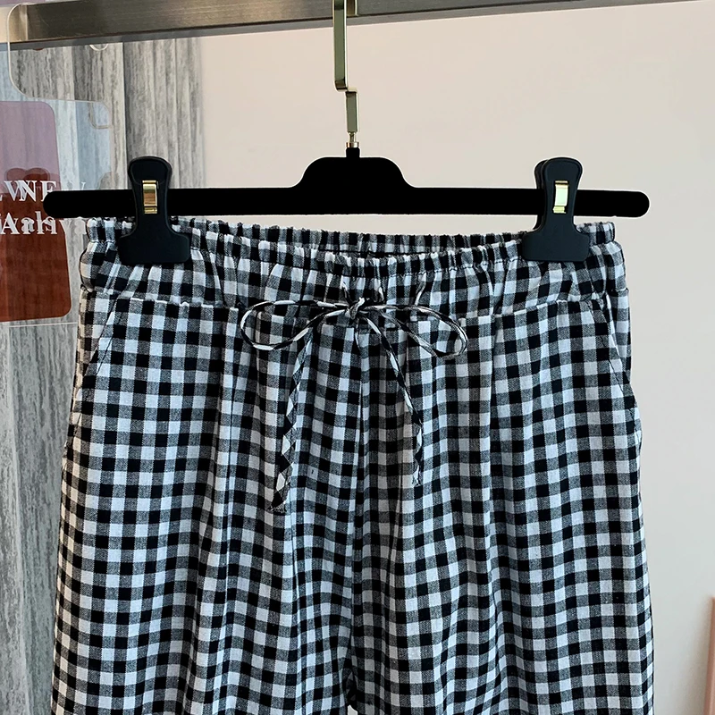 Pantaloni casual a quadretti a vita alta coreani Sle Donna Estate Nuova vita elastica Pantaloni slim dritti a gamba larga Dettaglio in pizzo Pendolarismo...
