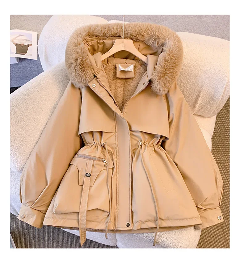 Women Parkas Hooded Fur Collar Drawstring Tight High Waist Coats Thick Warm Parka Zipper Autumn Winter Casual Slim Y2k Jackets