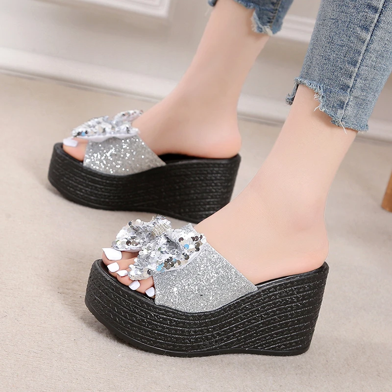 2024 Women\'s Platform Wedge Sandals Women\'s Summer Sandals Slippers Outdoor Indoor Beach Shoes Women\'s Bow Shiny Slippers