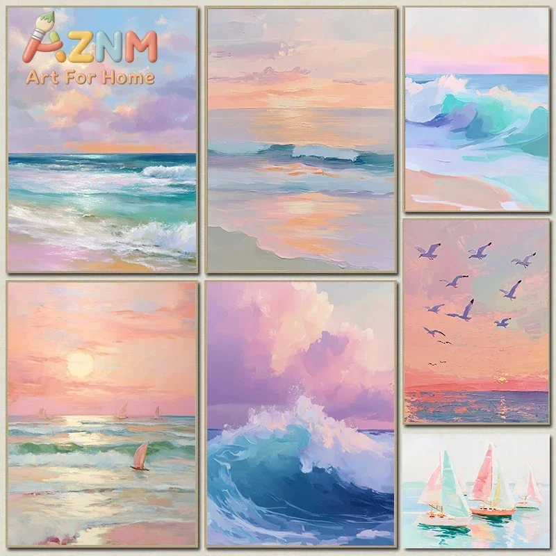 Dreamy Pastel Sunset Ocean Wave 2D Flat Frameless , Modern Coastal Decor,  Seaside Sailbird