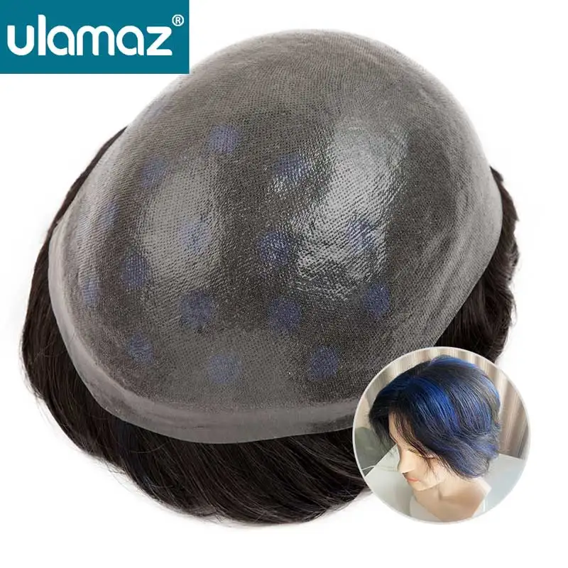 

Blue Highlights Skin Male Hair Prosthesis Natural Hairline Toupee Hair Men 0.06-0.08mm PU Hair System For Man Wigs Human Hair