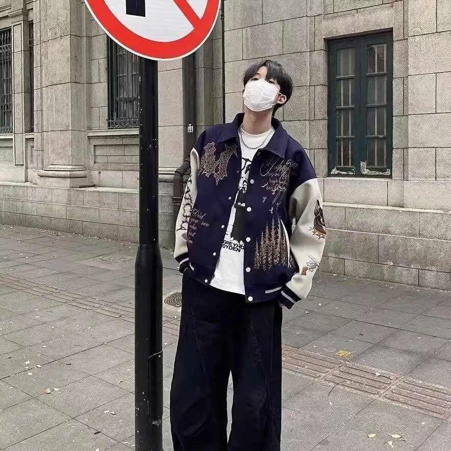 

Heavyweight Embroidered Jaet Men's Casual American Sle Baseball Coat Loose Fit Polyester Fiber Long Sve Stand Collar