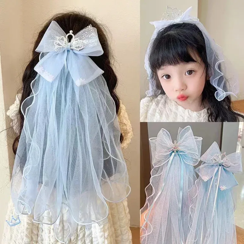 

L Princess Korean Big Bow Long Mesh Tiara Children'S Cute Crown Float Yarn Hairpin Girls' Veil Hair Accessories HP01