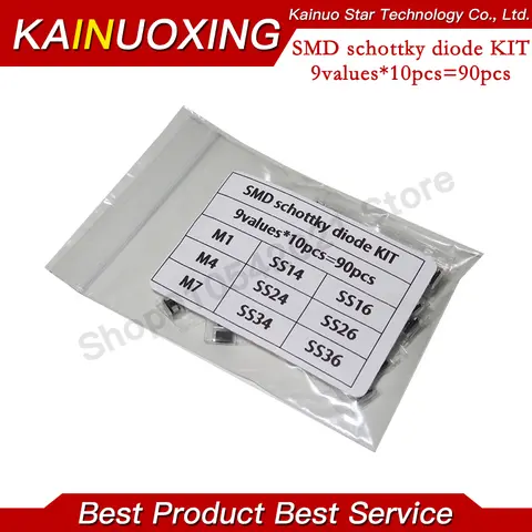 90pcs 9values x 10pcs 1N4001 1N4004 1N4007 SS14 SS24 SS34 SS16 SS26 SS36 SMD schottky diode assort kit