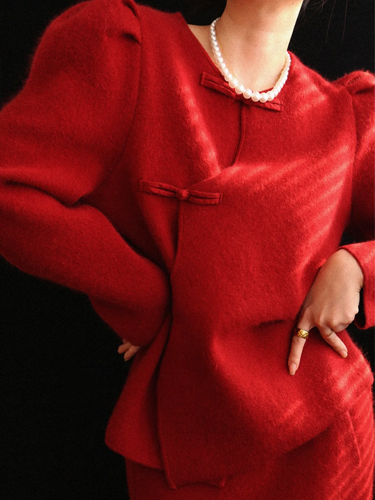 

Red Autumn Winter Two-Piece Set Women's Faion Ensemble Ast Editor Store Camere Button round Ne Sle Traditional Chinese