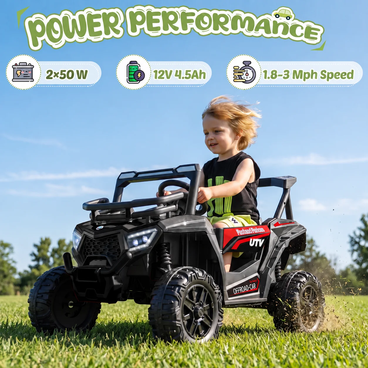 Kids 12V Electric Ride On UTV, Off-Road Ride On Car with Parental Remote & Manual Mode, Spring Suspension Anti-Slip Wheels, Bluetooth, LED Headlights, Safety Belt & Lockable Doors, Toddler Ride On Toy, Christmas Birthday Gift