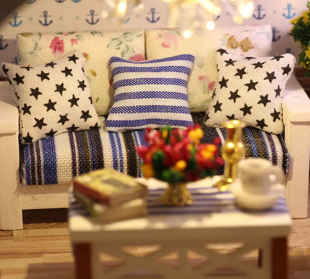 DIY الأزرق الأبيض مدينة فيلا 3D لغز خشبي الساحلية نمط اليدوية التجمع نموذج منزل مصغر هدية عيد ميلاد الإبداعية #4