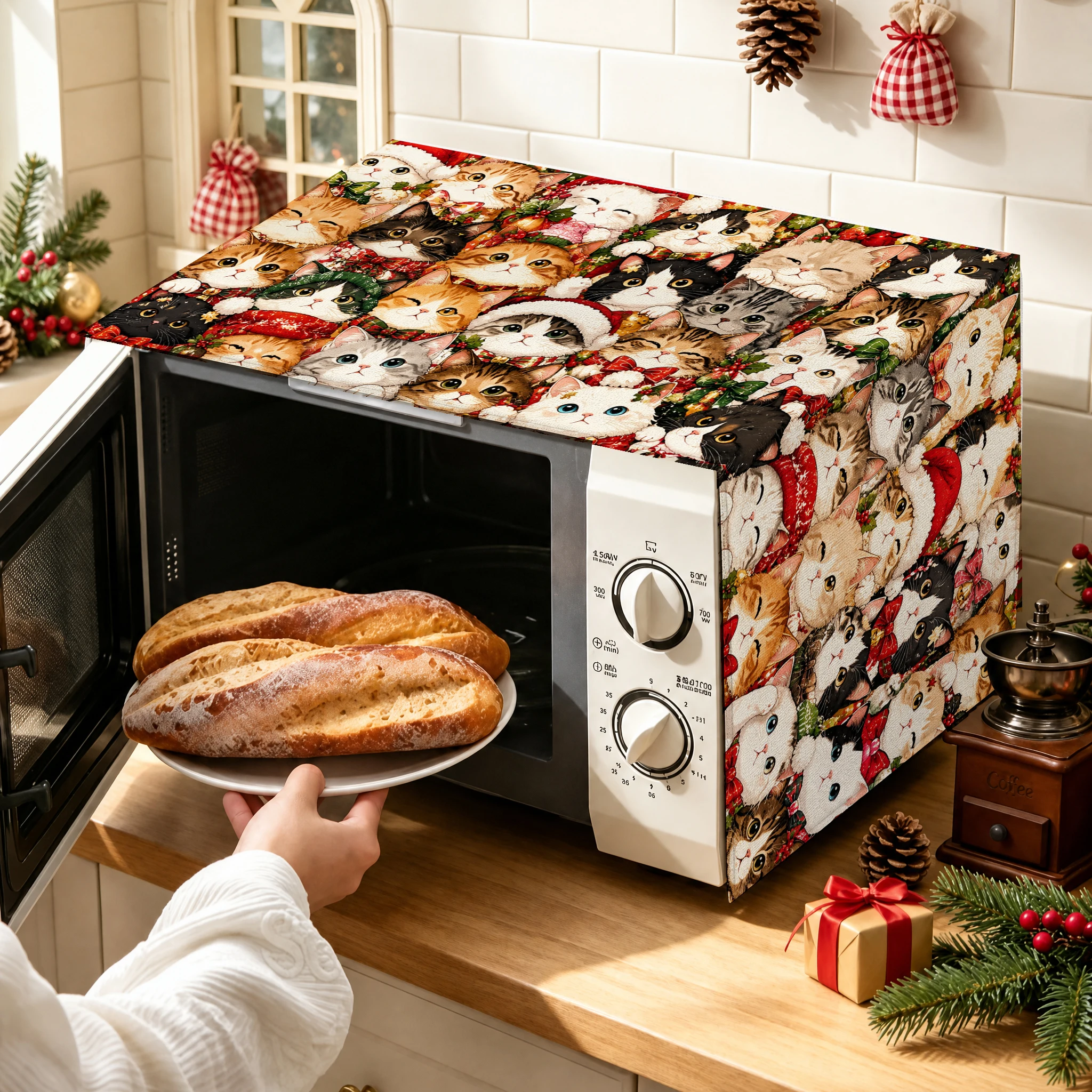 1pc Christmas Farmhouse Microwave Oven Cover, Cute Cat & Rooster Print Kitchen Appliance Dust Protector Decor