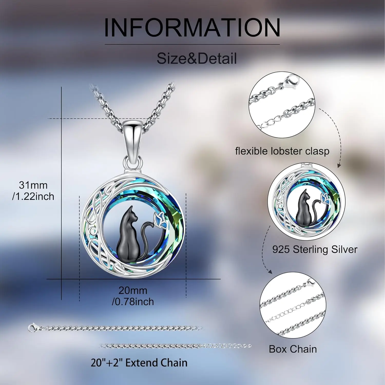 Black Cat Necklace 925 Sterling Silver Crystal Cat Moon Butterfly Pendant Celtic Jewelry Gifts for Women Graduation Birthday