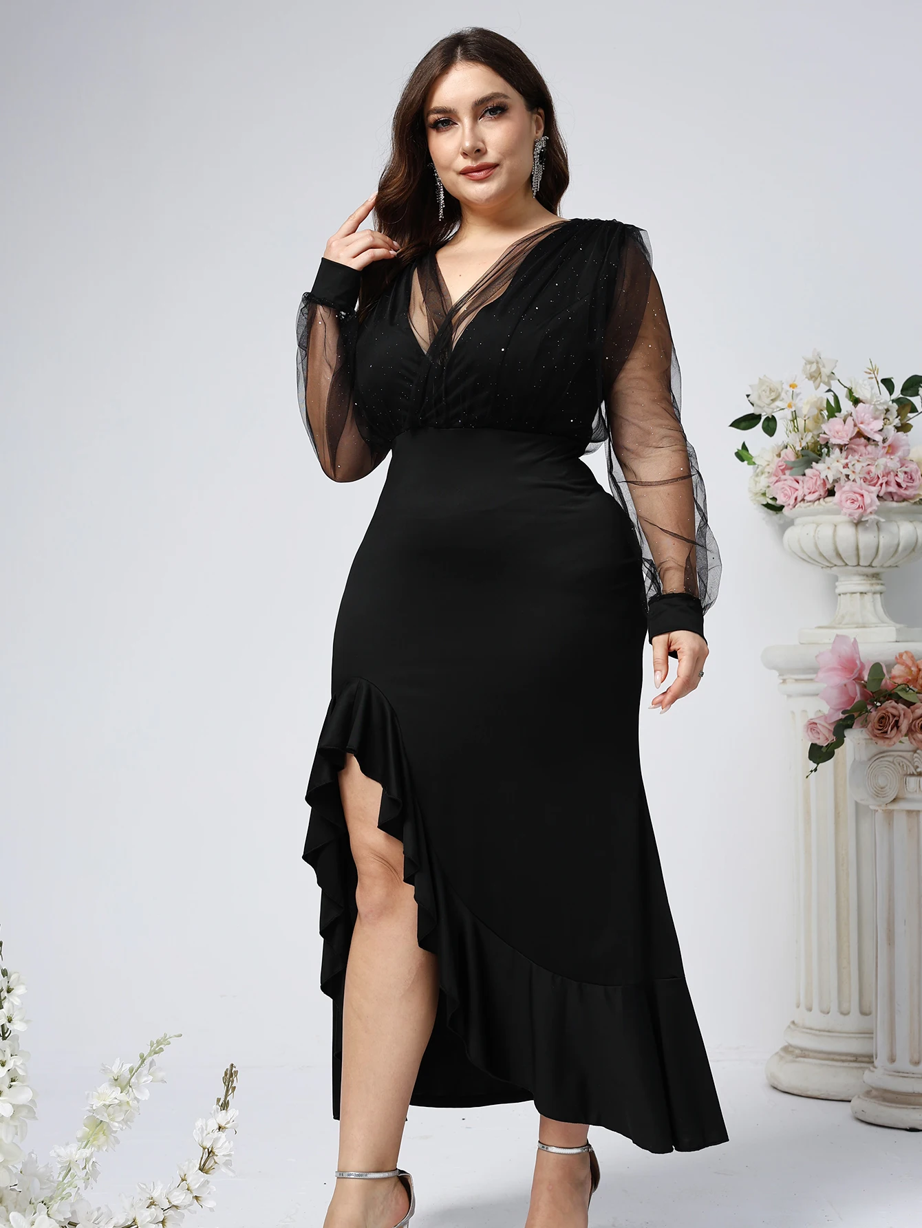 Ladies\' Plus Size V-neck Evening Dress With Long Sleeves Brilled Slit Wavy Satin Long Dress Elegant Wedding Party Dance Dress