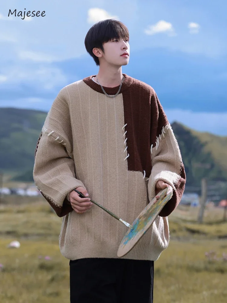 Panelled Sweaters Men Baggy O-neck Contrast Color Vintage Spring Autumn Temperament Stylish Knitwear Slouchy Korean Style Ins