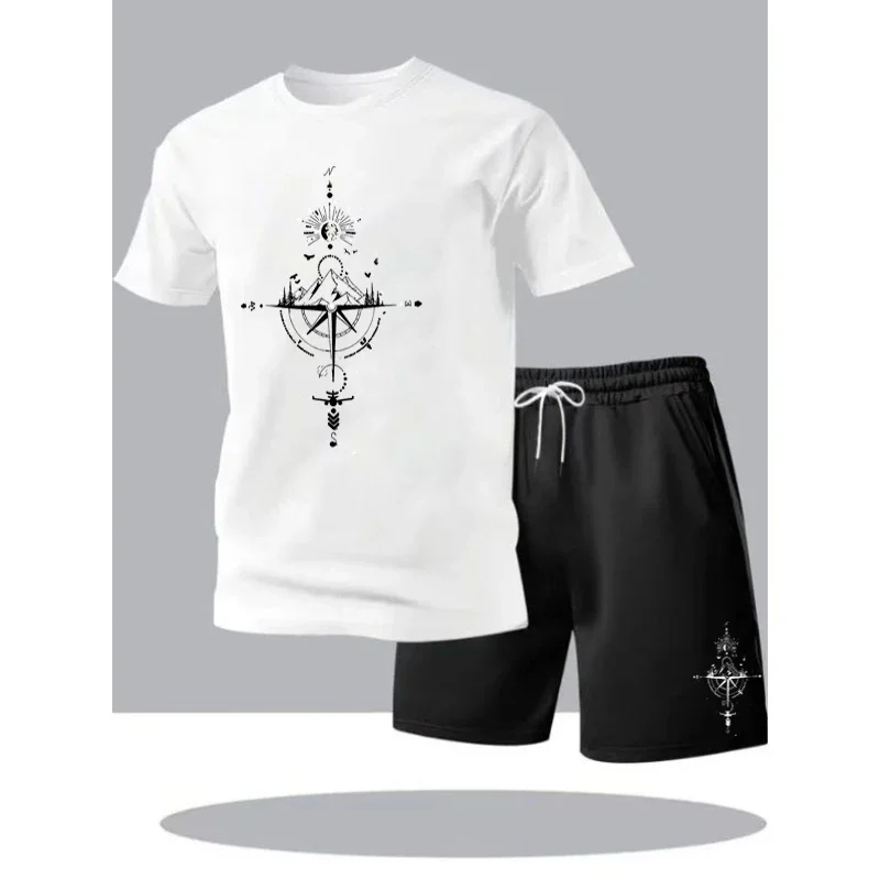 

Винтажный комплект из 2 предметов с принтом «Компас и горы»: мужская футболка оверсайз и шорты