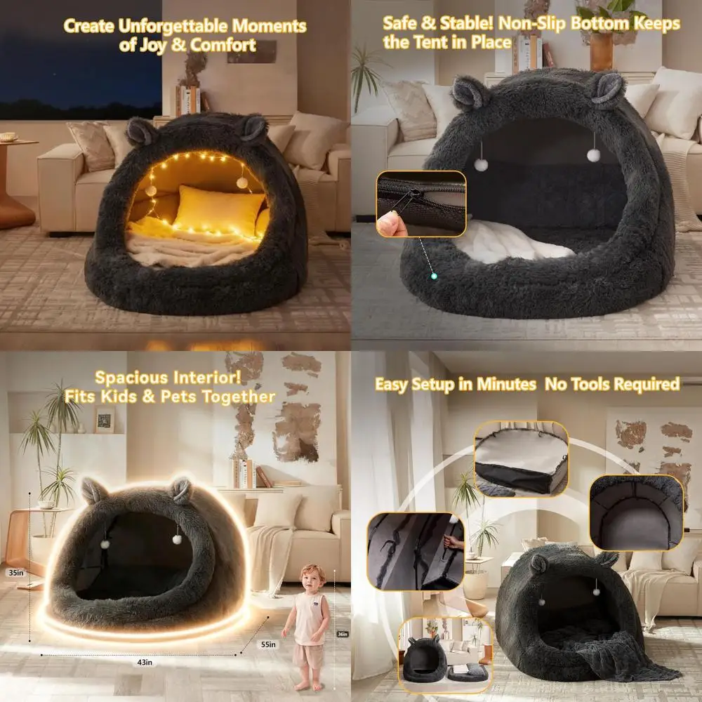 سرير أليف كبير جدًا مقاس 55 × 43 × 35 بمظلة رمادية منفوشة للكلاب والقطط والإنسان، وسادة وبطانية قابلة للإزالة، قابل للغسل في الغسالة، كعكة لطيفة