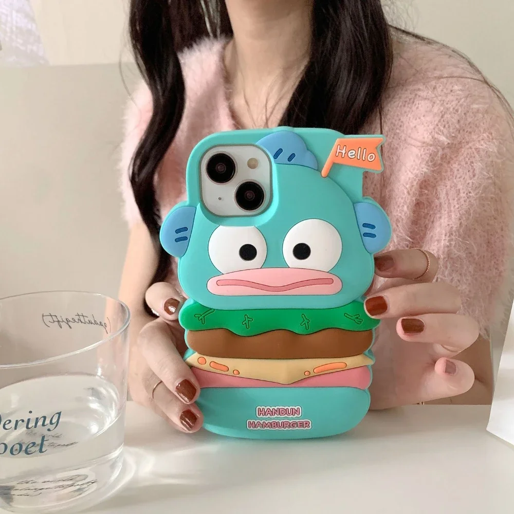 3D Cartoon Cute Sanrios Hangyodon Hamburger Phone Case for IPhone 15 14 13 12 11 Pro Max Soft Silicone Back Cover