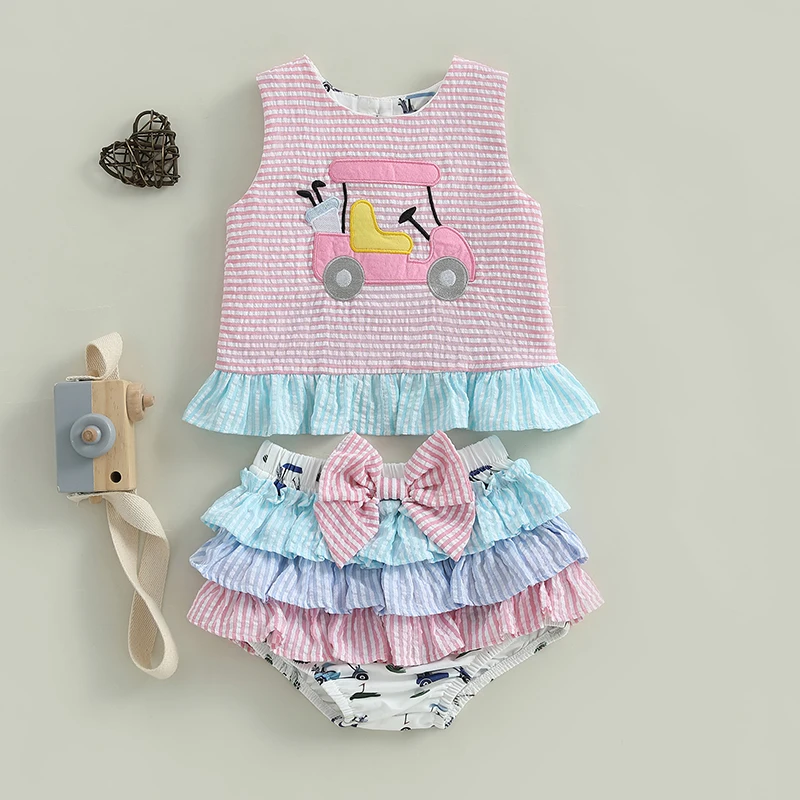 Newborn Baby Summer Princess Dress Sets Clothes for Girls Two Pieces Outfits Car Sleeveless Tops Ruffle Shorts Infant Suits