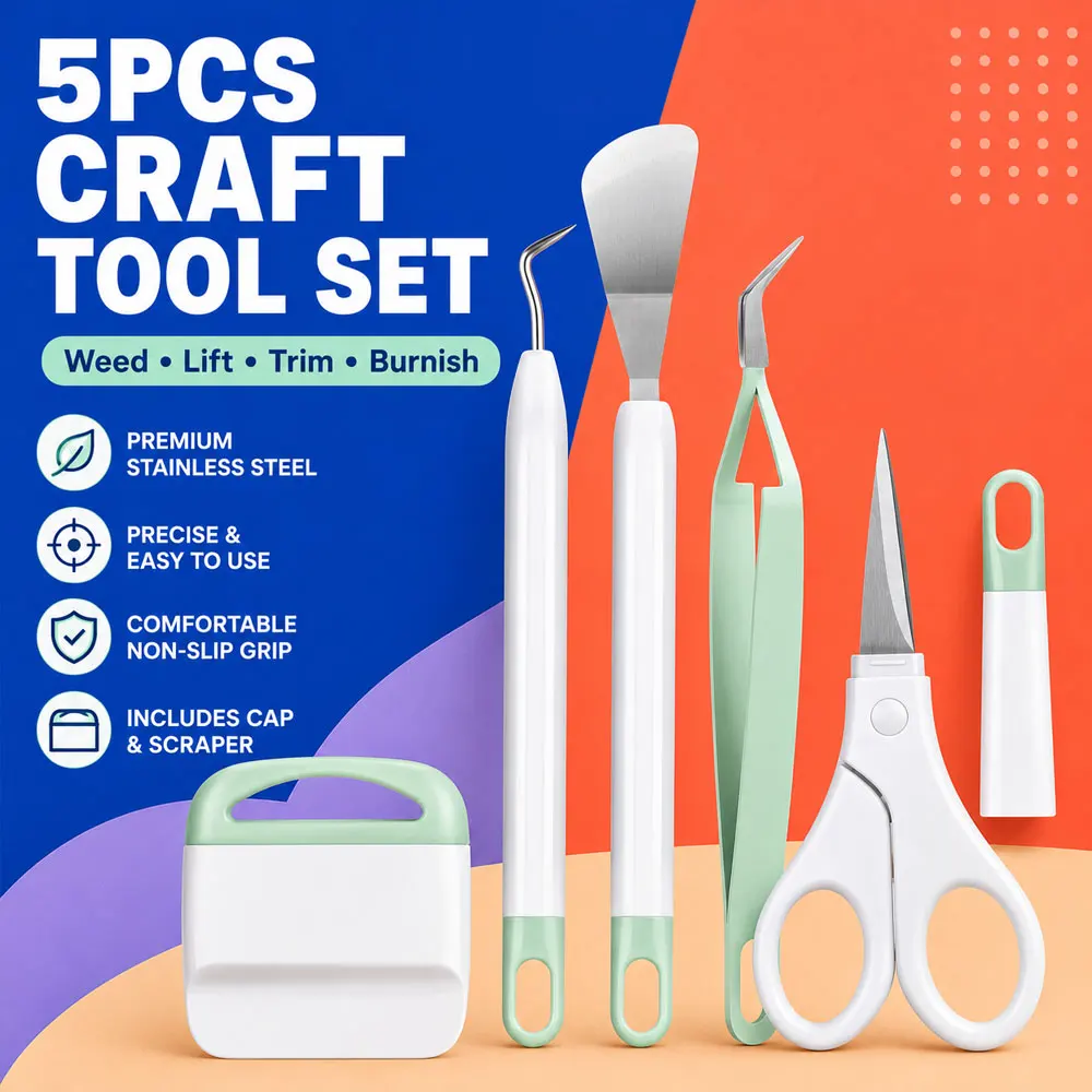 5-Piece Vinyl Weeding Tool Set with Tweezers, Spatula, Scraper and Scissors for Sticker Making, Paper Cutting and Scrapbooking