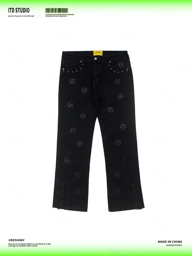 Godspeed Series Men's Loose Fit High Street Washed Micro Flare Denim Jeans Embroidered Patchwork Casual Wear Youth Jeans