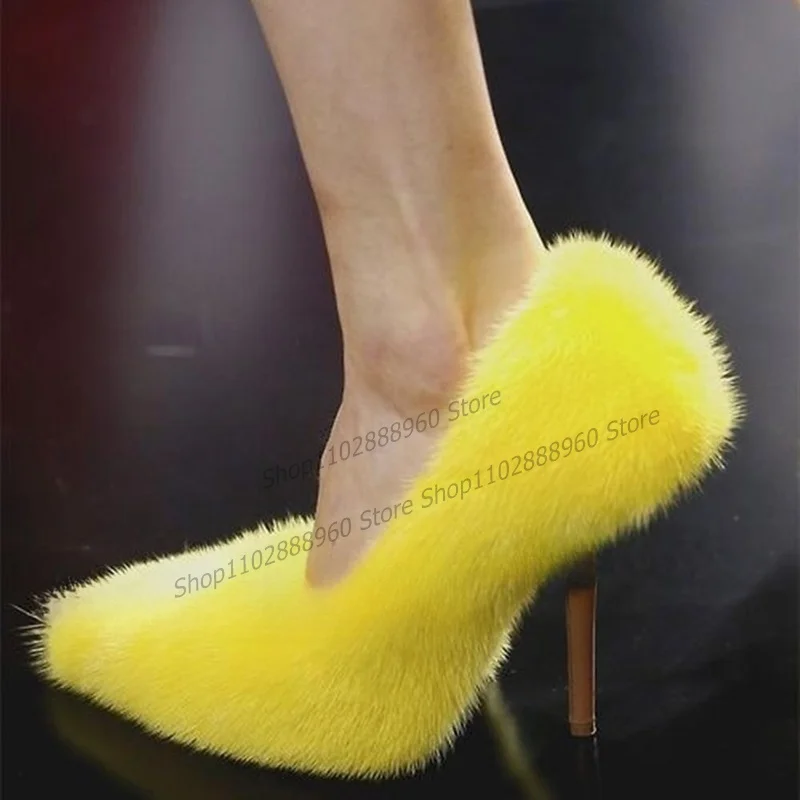 

Yellow Shallow Fur Pumps Stilettos High Heel Cover Heel Women Shoes Slip-On Pointed Toe 2023 Fashionable Zapatos Para Mujere