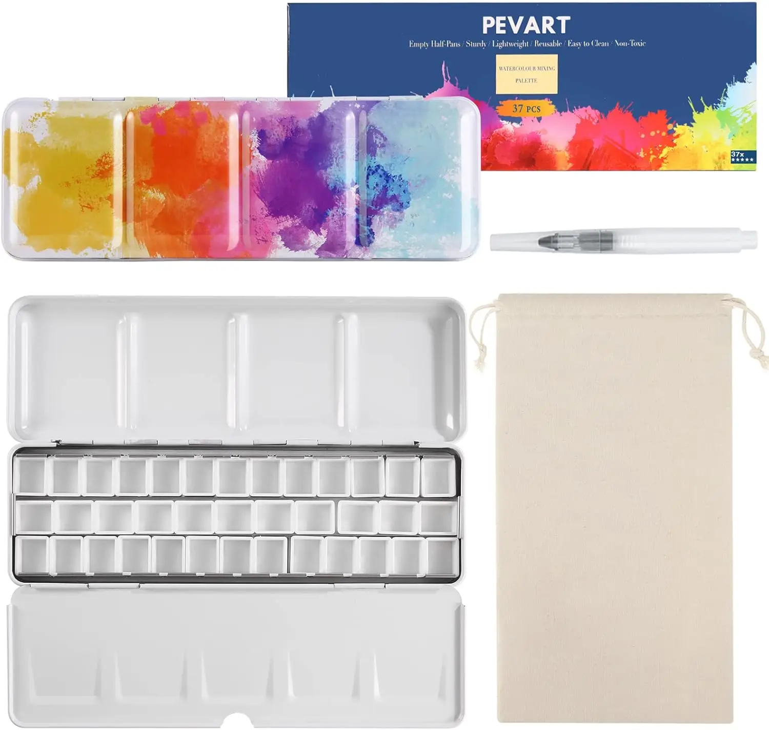 

Empty Watercolor Palette Tin Box with Fold Out Mixing Tray, 37 Half Pans and Water Brush for DIY Travel Painting
