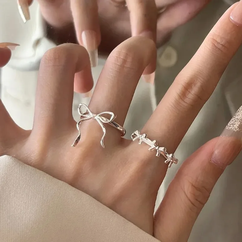 1/2Pcs Cute Geometric Bow Opening Adjustable Rings Fashion Bow Ribbon Rings For Women Girls Sweet Wedding Party Jewelry Gifts