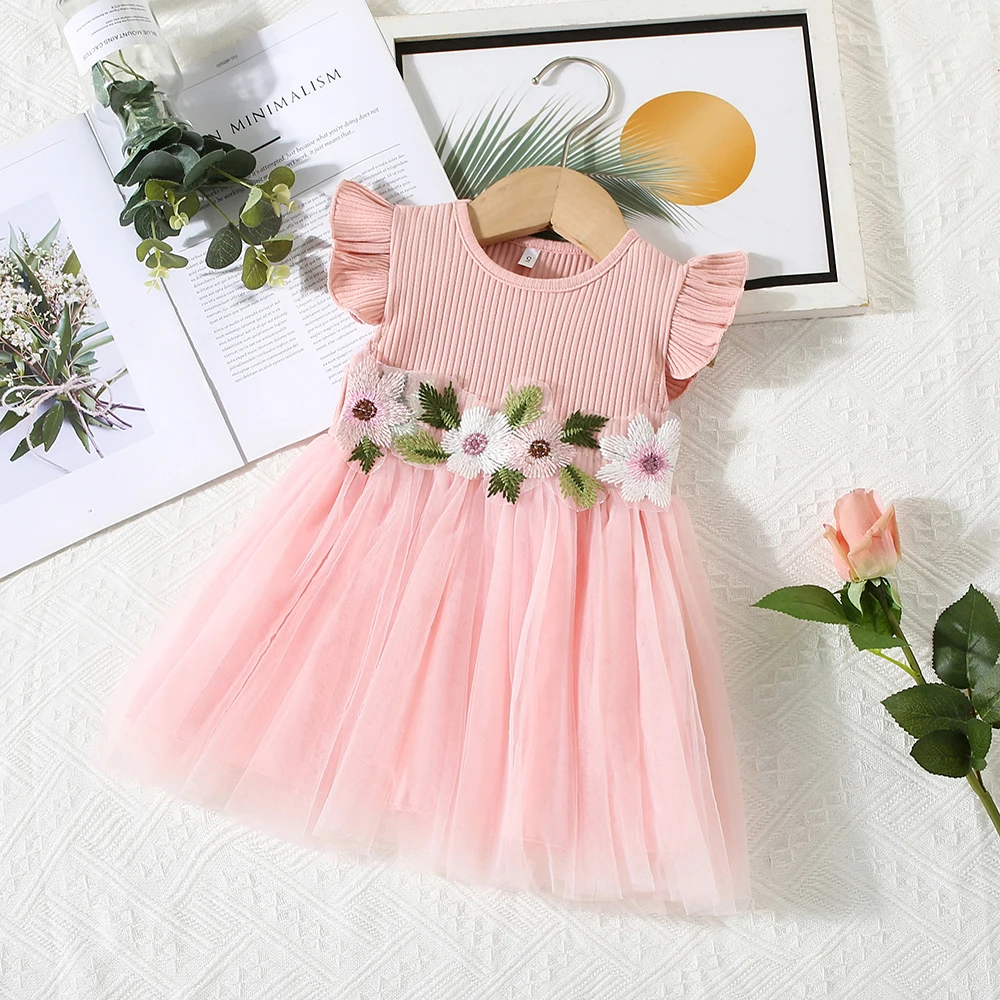 Summer 0-3-Year-Old Girl Dress Baby Girl Waist Flower Embroidery Splicing Mesh Small Flying Sleeve Princess Dress