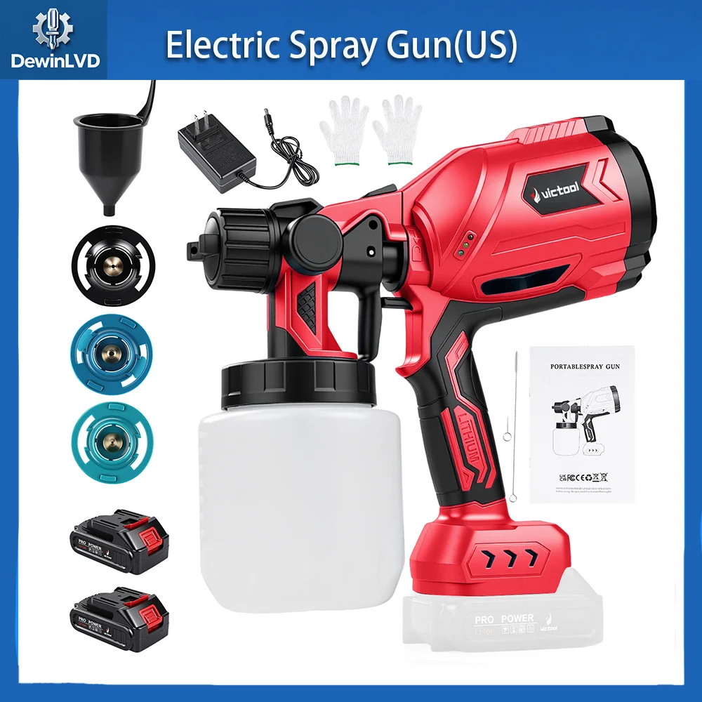 

21V Cordless Spray Gun Electric Spray Gun 500W High Power 3-Mode Spraying Garden Auto Furniture Steel Coating Airbrush US Plug
