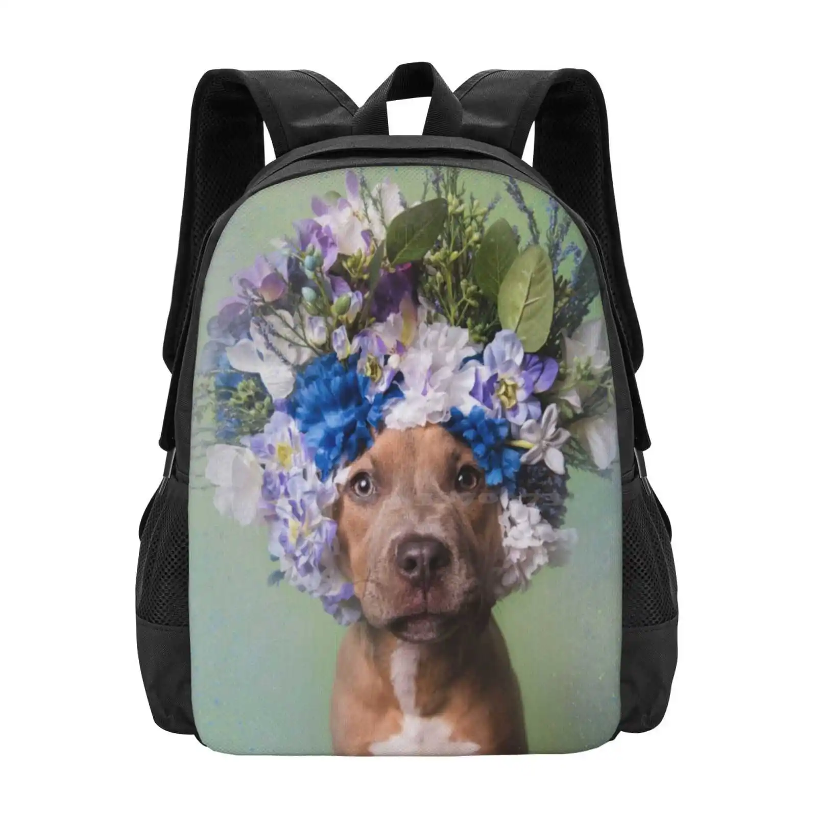 Flower Power , Kyla School Bags For Teenage Girls Laptop Travel Bags Pit Bull Flowers Dog Rescue Shelter Love Flower Crown