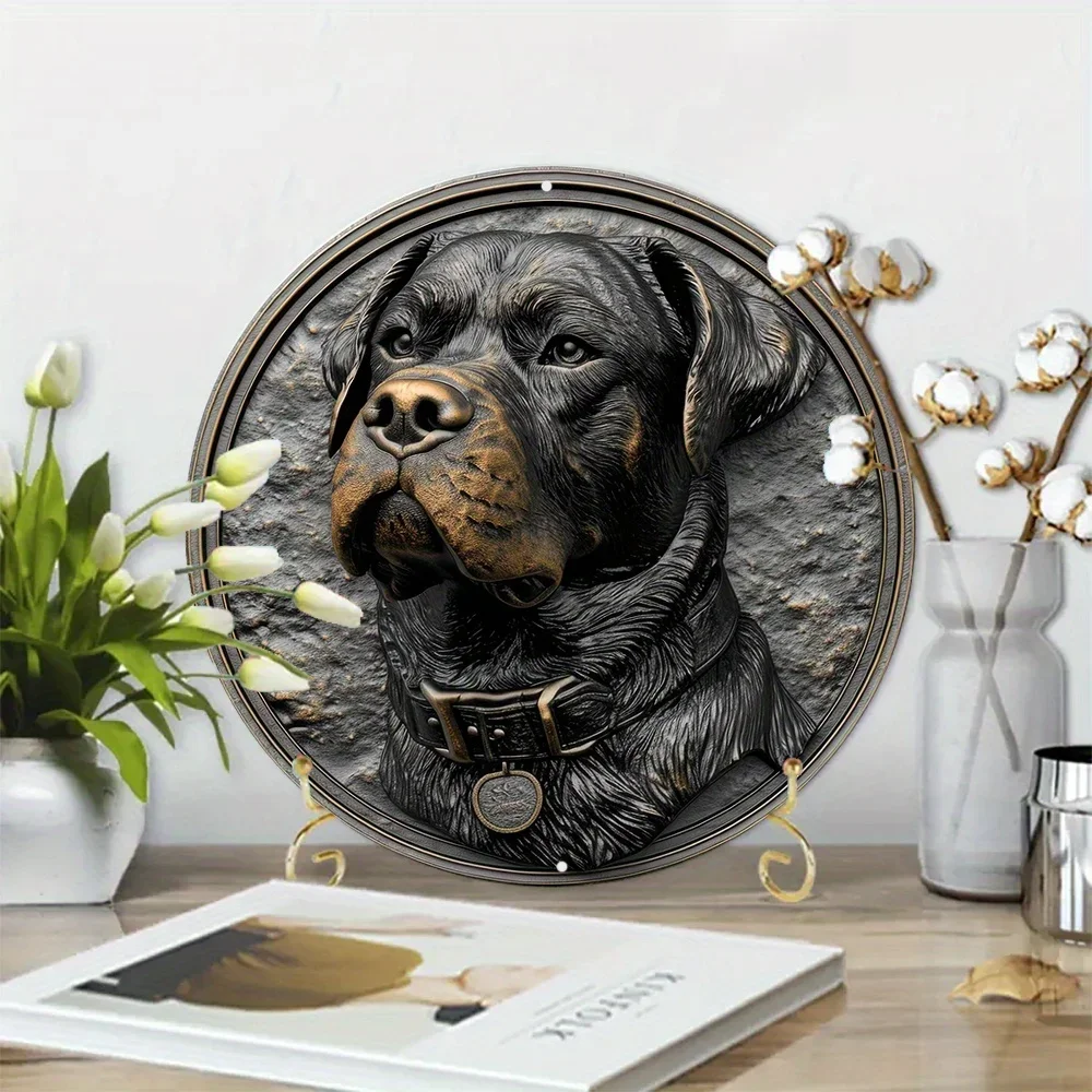 Spring Aluminum Sign Faux Embossing Painted Round Wreath Sign Bedroom Decoration Men Gifts Rottweiler Themed Decoration