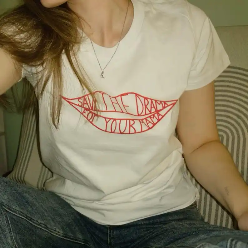 Jennifer Aniston Save The Drama For Your Mama Lips Print Short Sleeves Cotton T-shirt Men Women Harajuku Y2k Streetwear Tee Tops