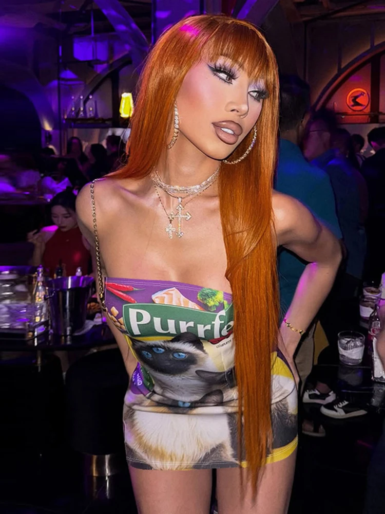 Nibber Sexy Kat Brief Print Vrouwen Jurk Y2K Leuke Zomer Trend Strapless Strakke Stretch Hipster Skinny Midnight Club Mini Bodycon