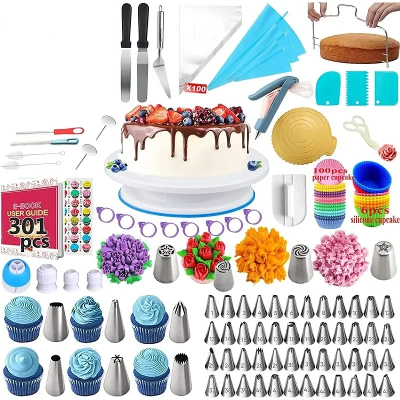 301PCS/Set Cake Baking Accessories and Tools with Cake Turntable Pastry Piping Bag Piping Tips Cooking Dessert Decorating Kit