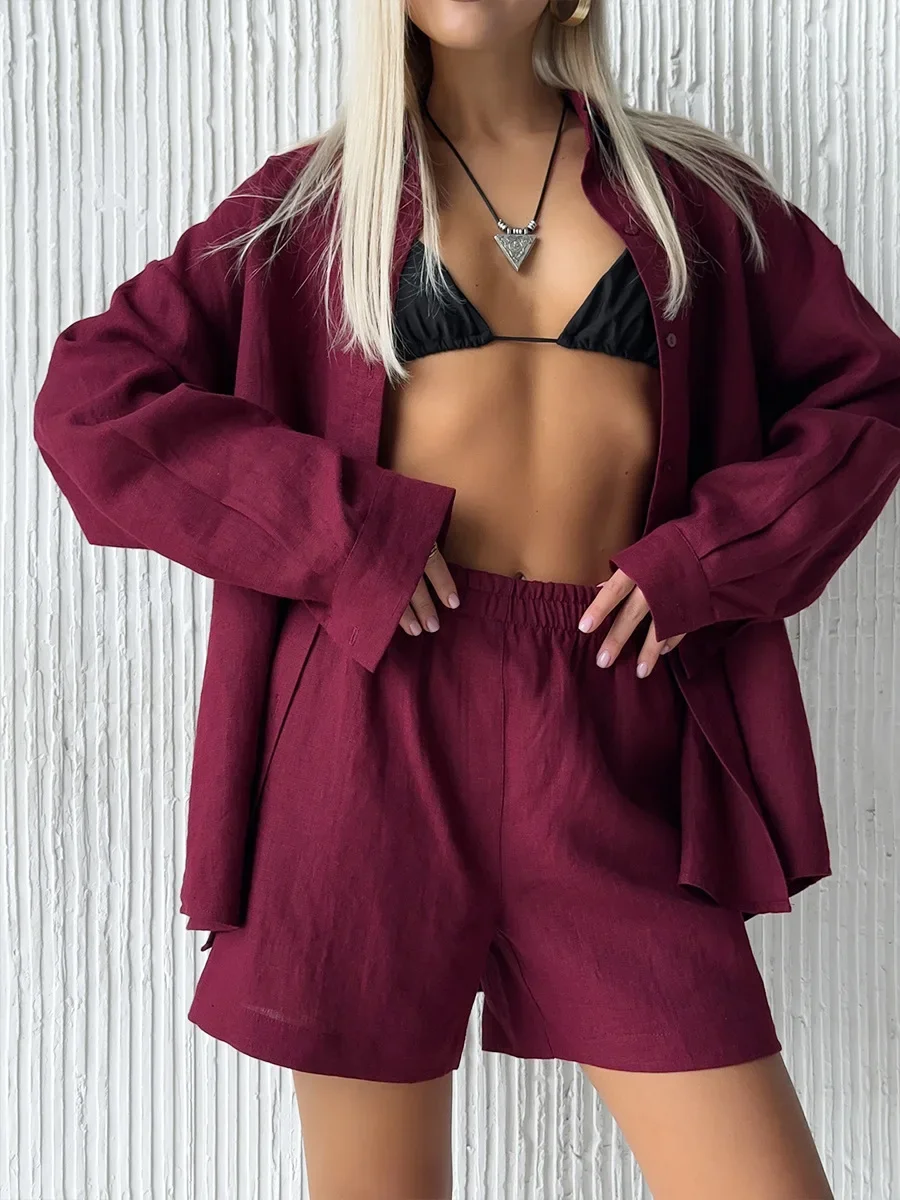 Bornladies Damen Baumwoll-Freizeitshorts-Set, einfarbig, Hemd mit Reverskragen und langen Ärmeln, Shorts mit elastischem Bund, Outfit für den Alltag und den Urlaub. – Detail 25