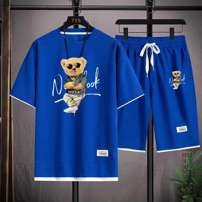 Fashionable Men's Sports Suit Summer Harajuku Casual Short Sleeve O Neck T-shirt And Sports Shorts 3D Bear Printing 2-Piece Set