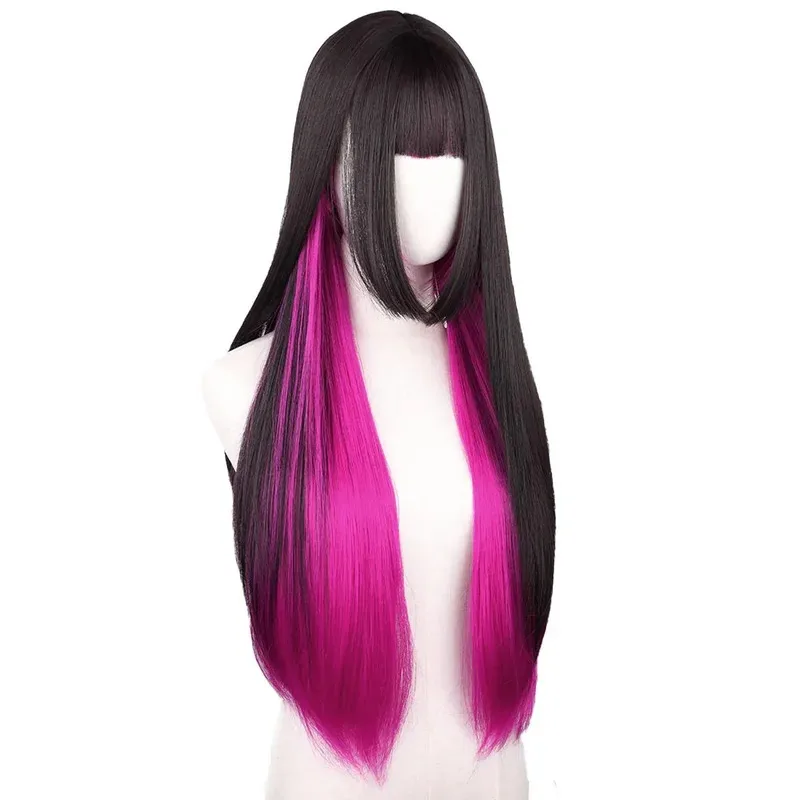 باروكة شعر مستقيمة باللونين الأسود والوردي، باروكات صناعية طويلة مموجة مع غرة للنساء، شعر مستعار لوليتا من الألياف الطبيعية ذات درجة الحرارة العالية