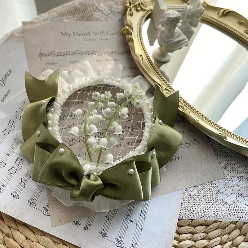 Original French Pastoral Lolita Handmade Lily of the Valley Mori Hollow Top Hat Edge Clip