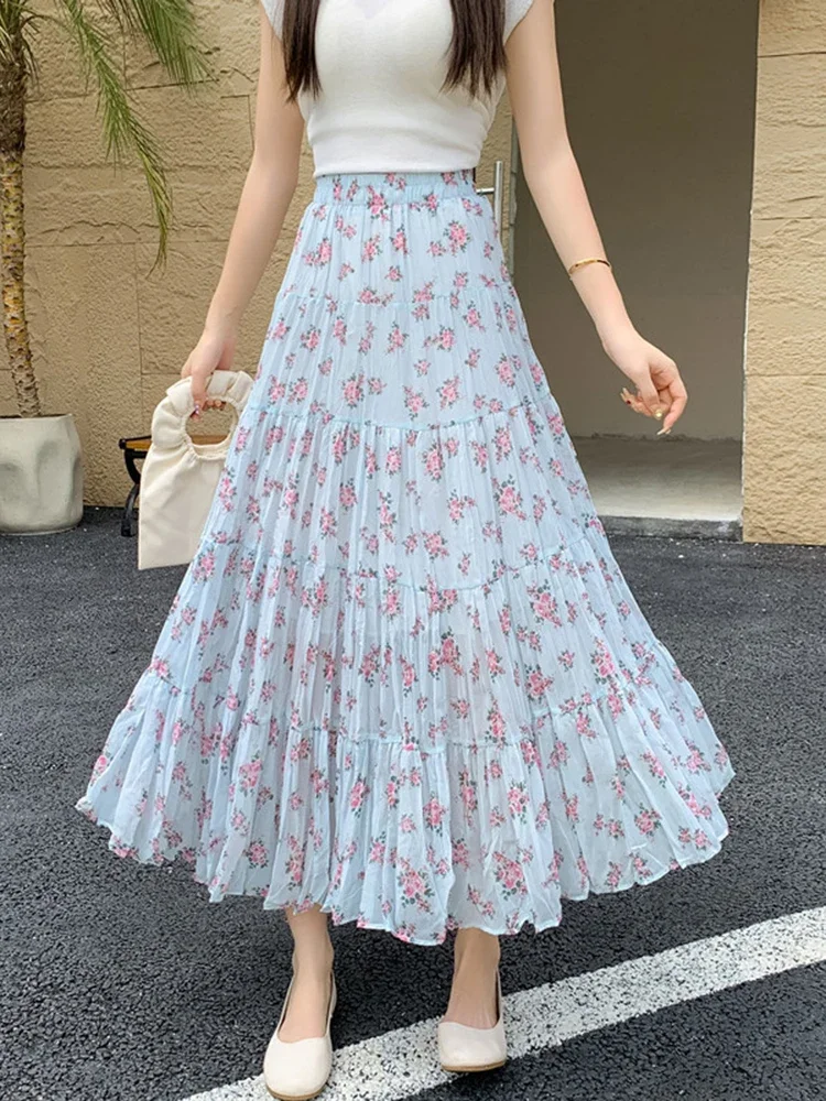 Real Shooting of 2025 Spring Summer New Style Sweet Printed Western-style Floral Pleated A-line Skirt Retro Big Swing Skirt A279